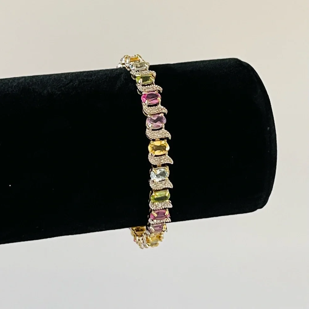 18K Yellow Gold over S/S, Gemstones 12.00CTW, Oval Bracelet w/Diamond Accent - Picture 4 of 13
